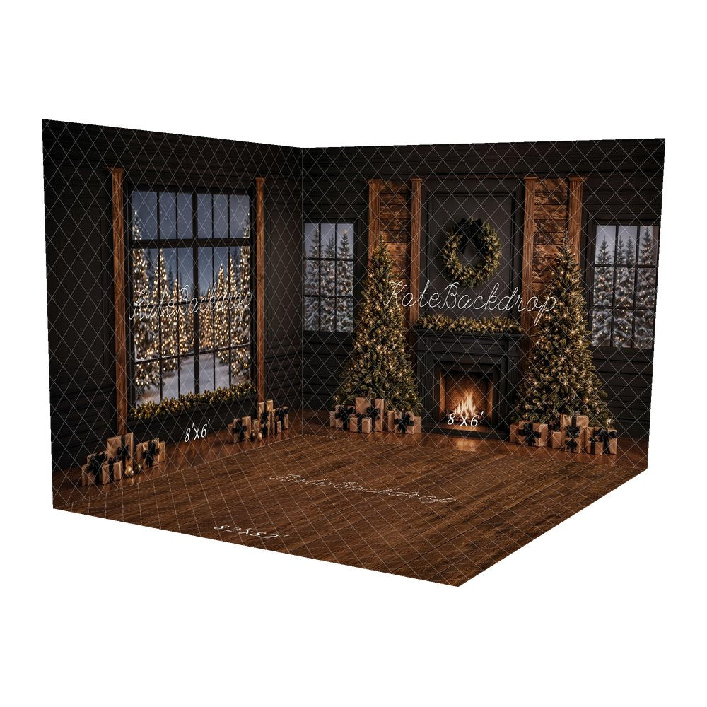 Kate Christmas Fireplace Christmas Trees Wreath Windows Presents Printed Backdrop Room Set
