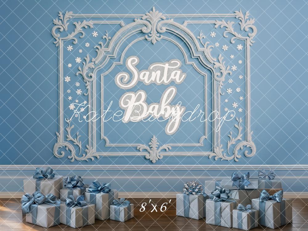 Kate Christmas Blue Santa Baby Ornate Frame Gifts Backdrop Designed by Mini MakeBelieve