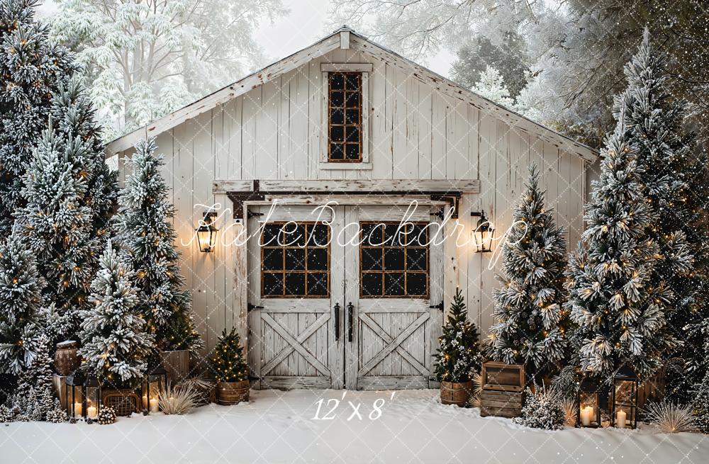 Kate Christmas Winter Snowy Barn Pine Trees Lanterns Backdrop Designed by Emetselch