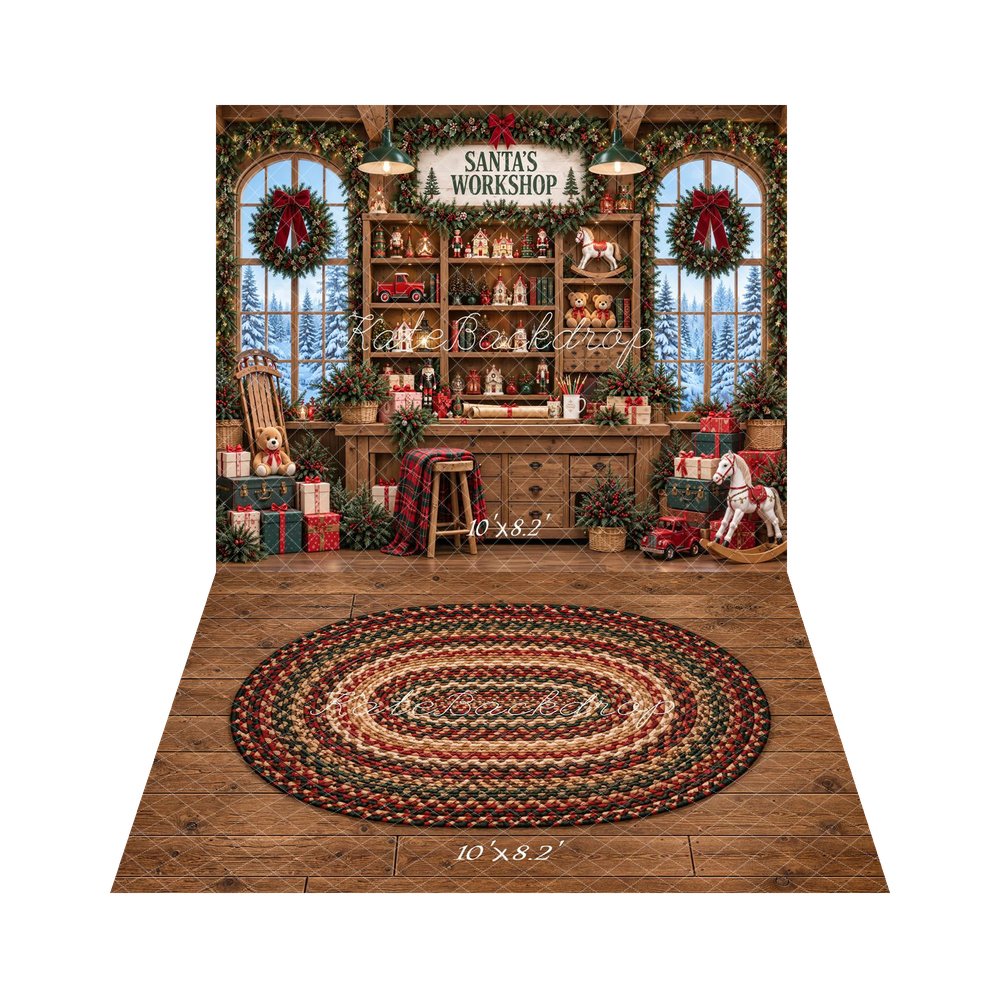 Kate Christmas Santa's Workshop Rustic Brown Toys Cabinet Printed Backdrop+Rustic Wood Plank Braided Rug Floor Printed Backdrop