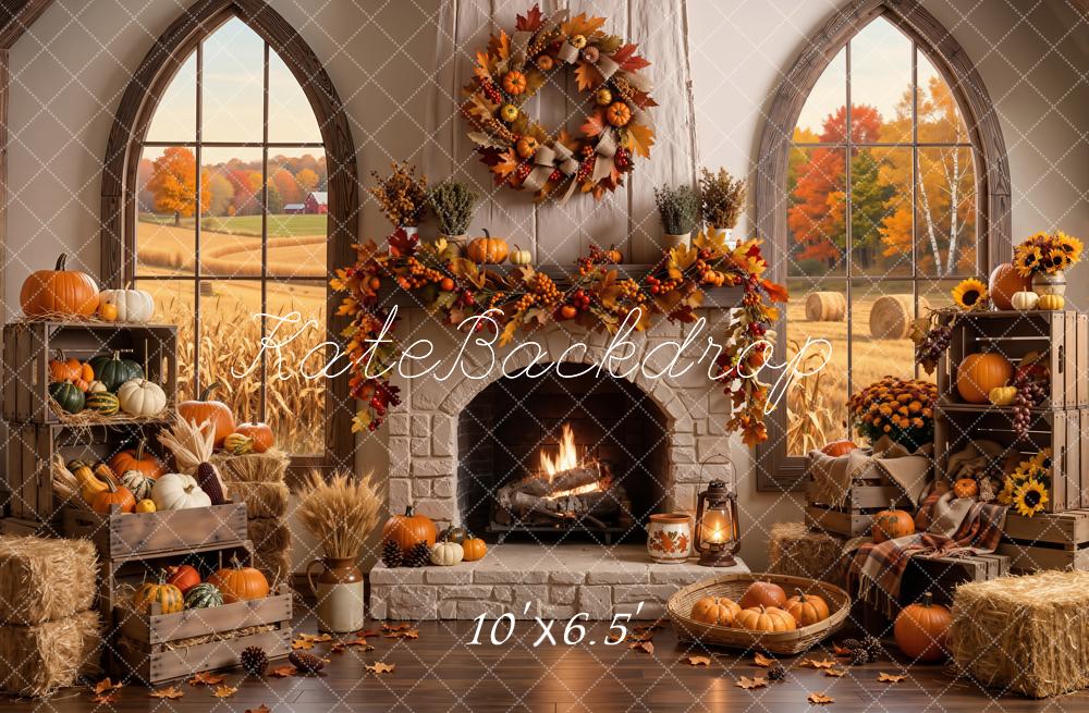 Kate Fall Stone Fireplace Pumpkins Wreath Harvest Field Window Printed Backdrop Designed by Emetselch