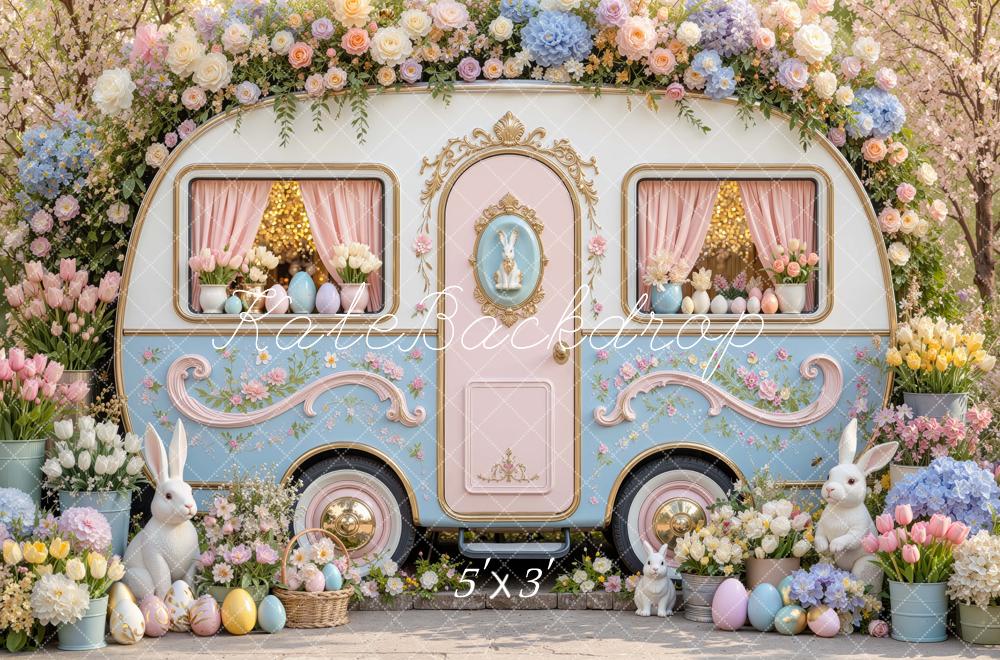 Kate Easter Camper Bunny Flower Arch Printed Backdrop Designed by Mini MakeBelieve
