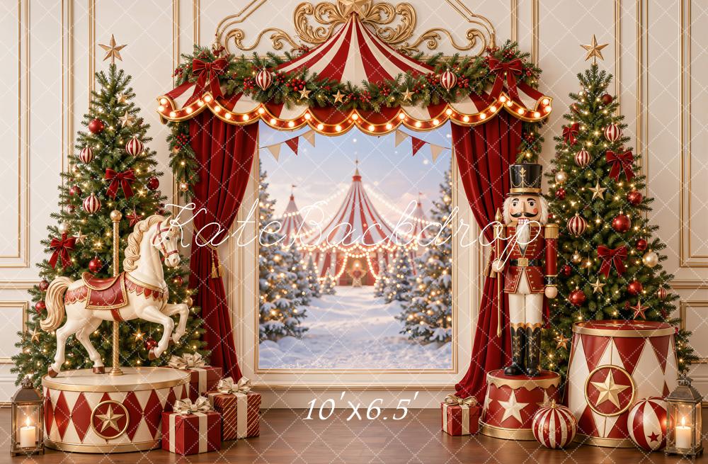 Kate Christmas Circus Carousel Trees Nutcracker Red Curtains Printed Backdrop Designed by Emetselch