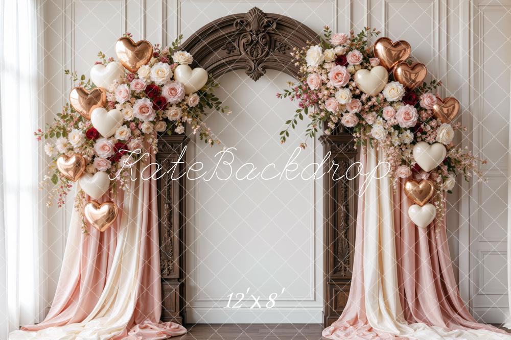 Kate Valentine's Day Flower Arch Heart Balloons Draped Curtains Printed Backdrop Designed by Mini MakeBelieve