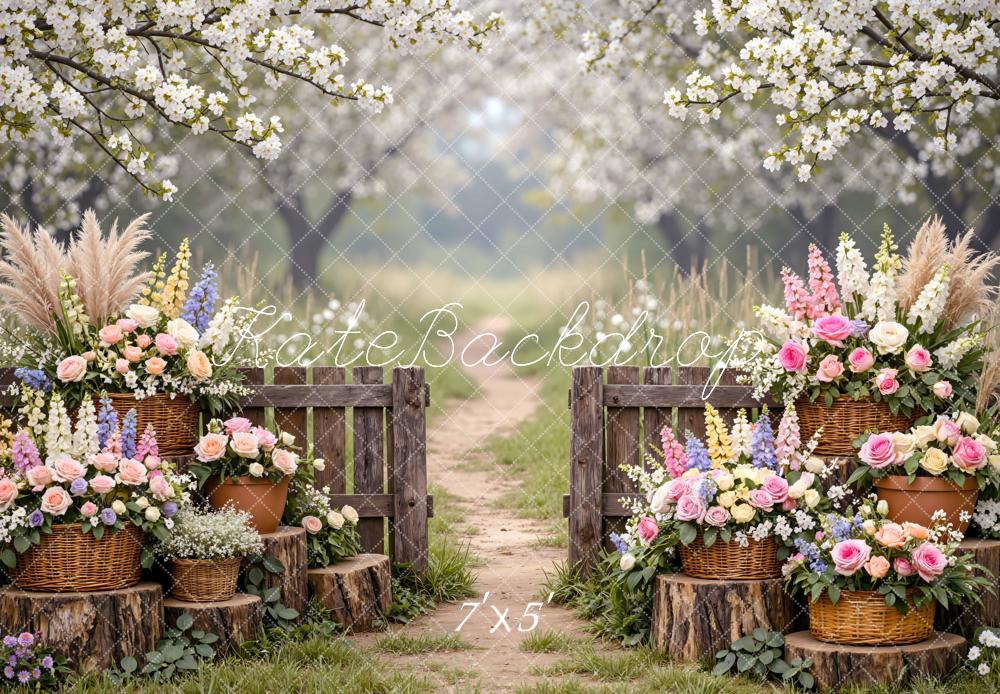 Kate Spring Blossom Garden Wooden Gate Flower Baskets Printed Backdrop Designed by Mini MakeBelieve