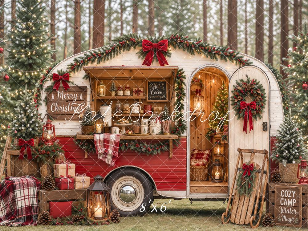 Kate Christmas Camper Red Plaid Hot Cocoa Sleigh Forest Printed Backdrop Designed by Emetselch