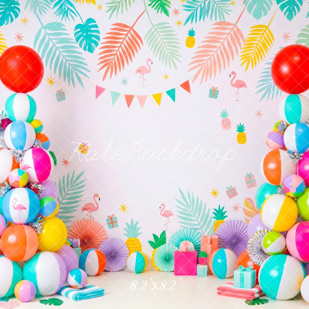 Kate Christmas Summer Beach Ball Tree Tropical Flamingo Printed Backdrop Designed by Patty Roberts