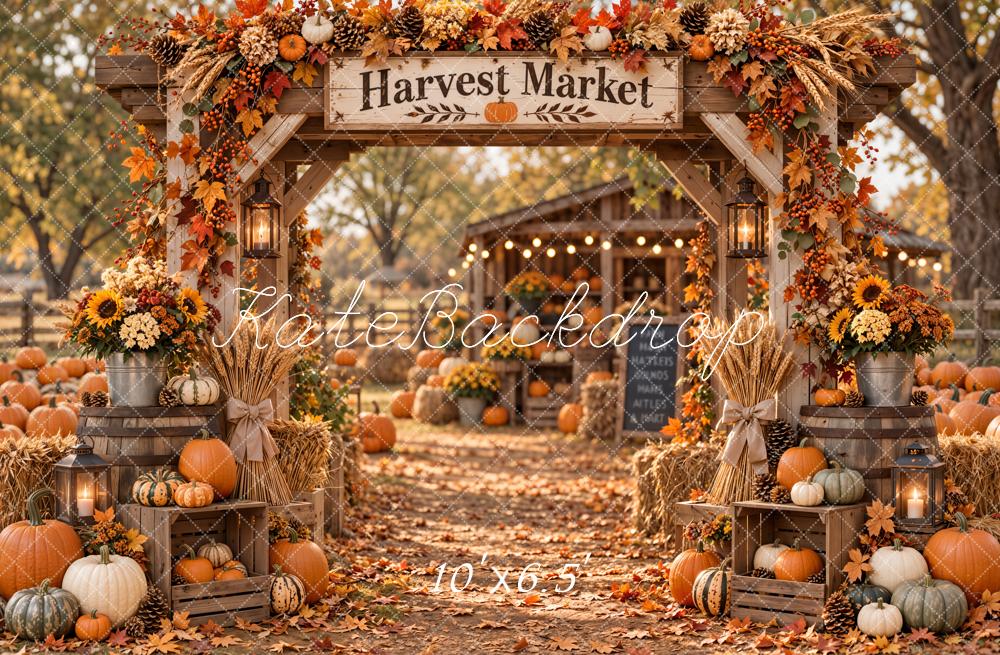 Kate Fall Harvest Market Arch Pumpkins Cabin Printed Backdrop Designed by Emetselch
