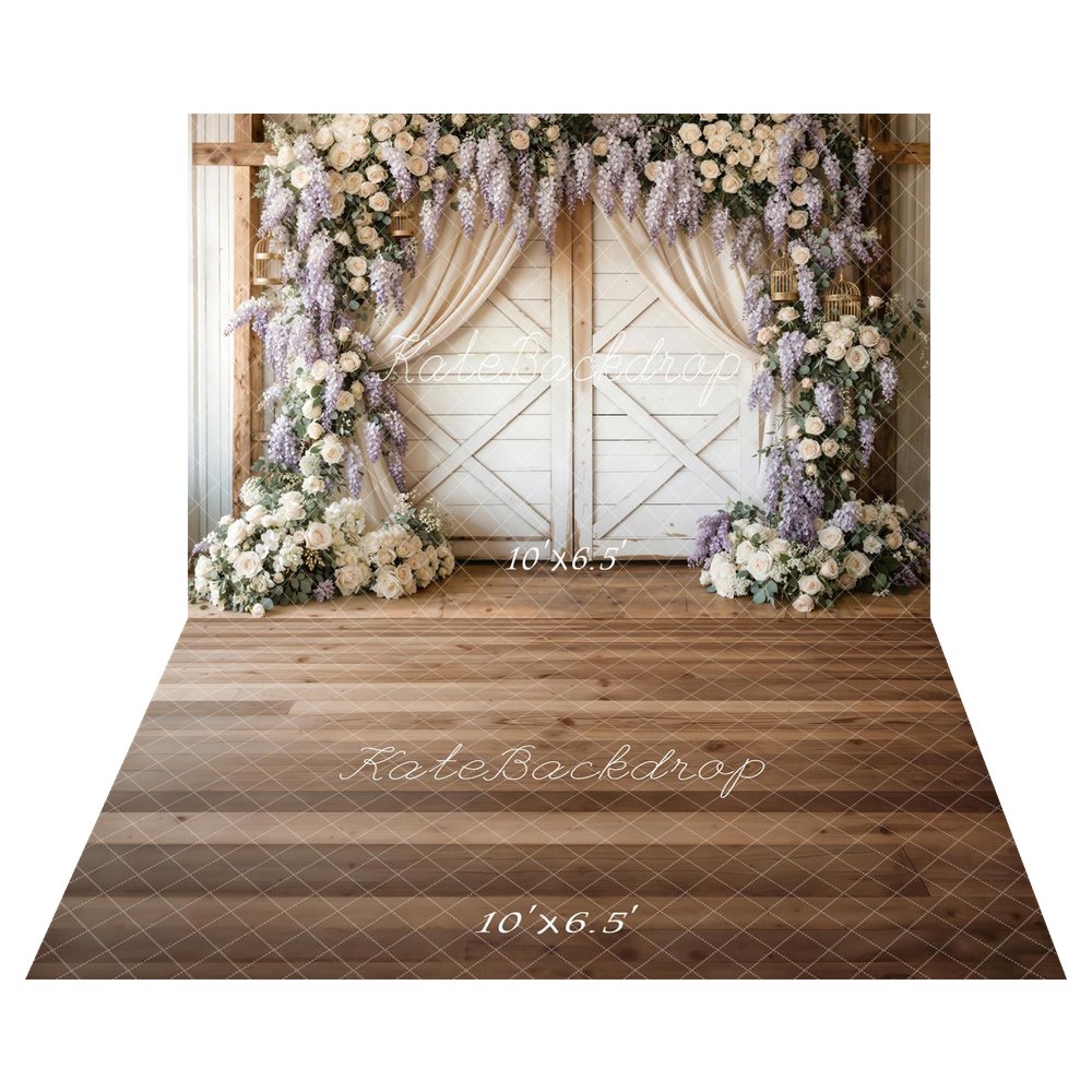 Kate Spring Flower Arch White Barn Door Lavender Roses Backdrop+Brown Wood Plank Floor Backdrop