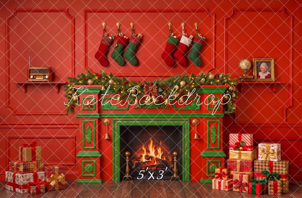 Kate Christmas Red Fireplace Stockings Presents Printed Backdrop Designed by Angela Miller