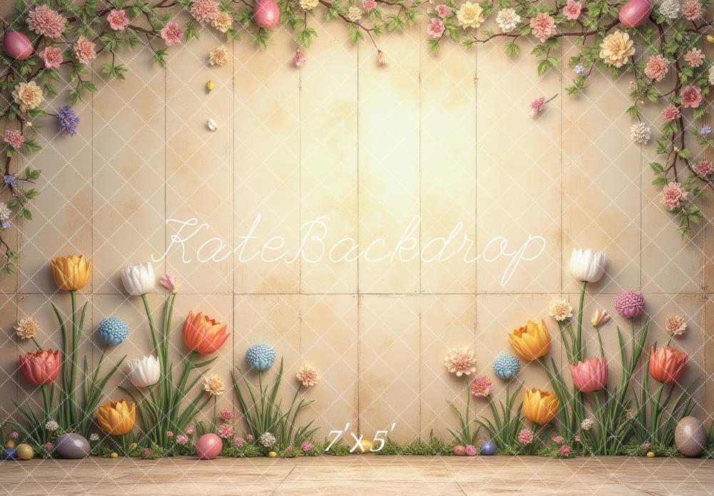 Kate Easter Flower Arch Pastel Eggs Beige Wall Backdrop Designed by Laura Bybee