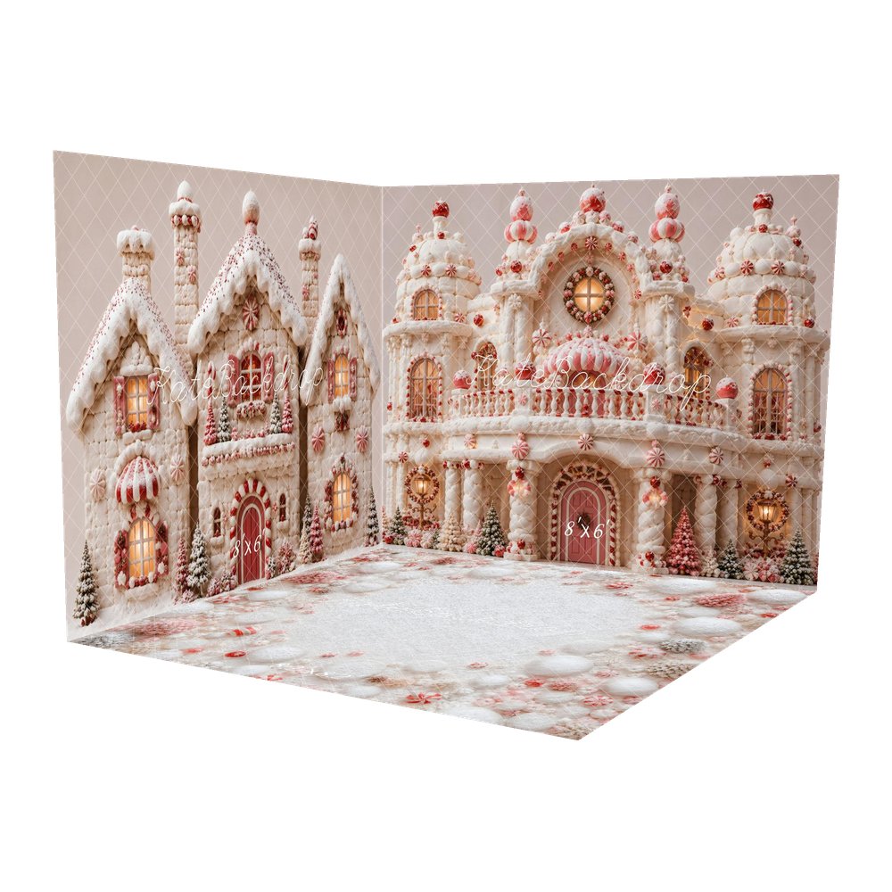Kate Christmas White Gingerbread Candy Castle Printed Backdrop Room Set