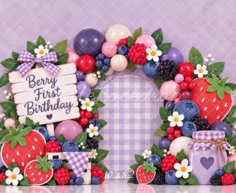 Kate First Birthday Berry Lavender Gingham Arch Printed Backdrop Designed by Laura Bybee