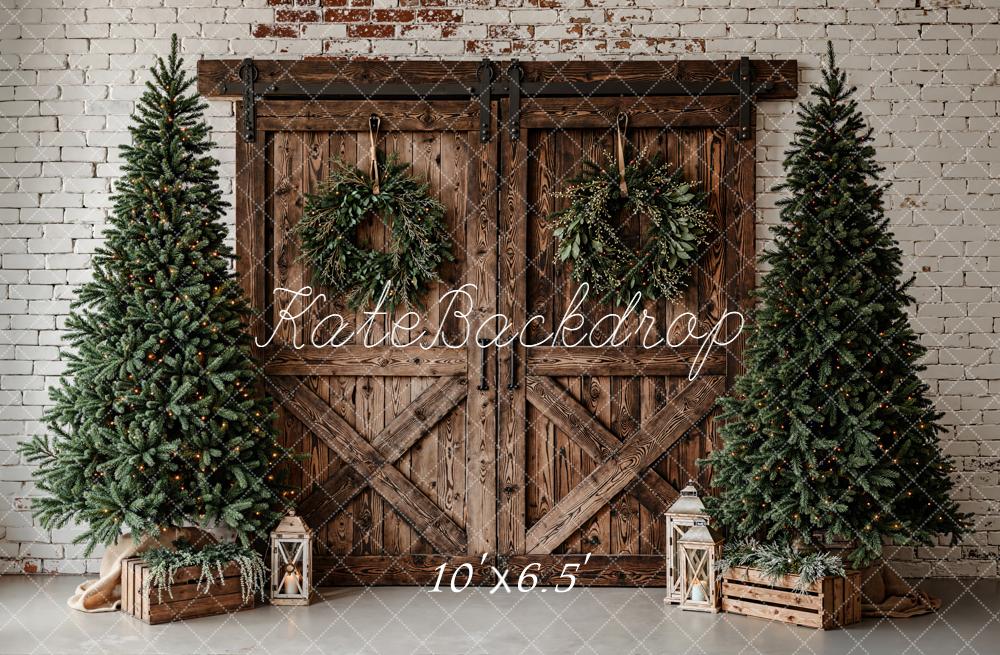 Kate Christmas Wood Barn Door Pine Trees Wreath Backdrop Designed by Emetselch