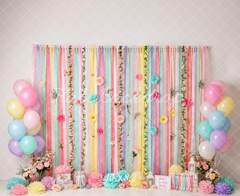 Kate Cake Smash Pastel Ribbons Floral Balloon Party Printed Backdrop Designed by Patty Roberts