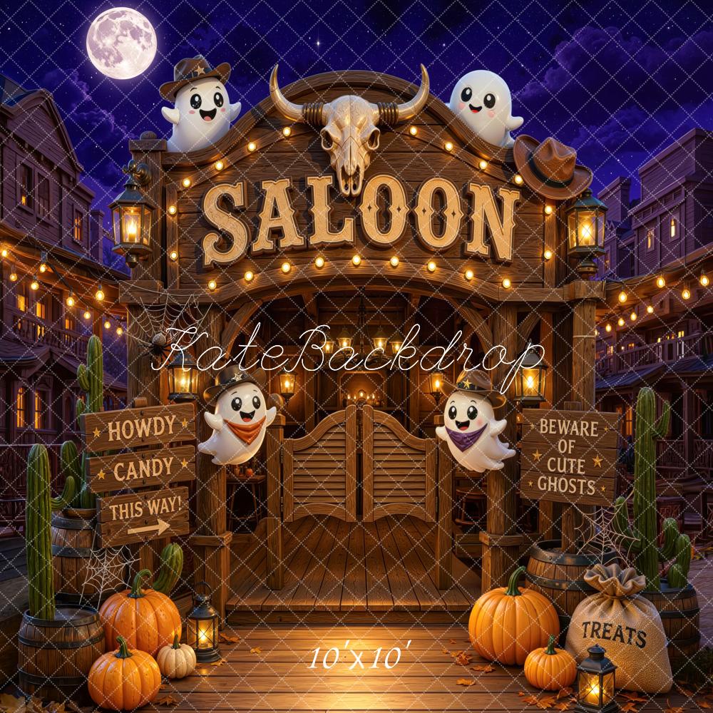 Kate Halloween Trunk or Treat Western Saloon Ghosts Pumpkins Skull Printed Backdrop Designed by Mini MakeBelieve