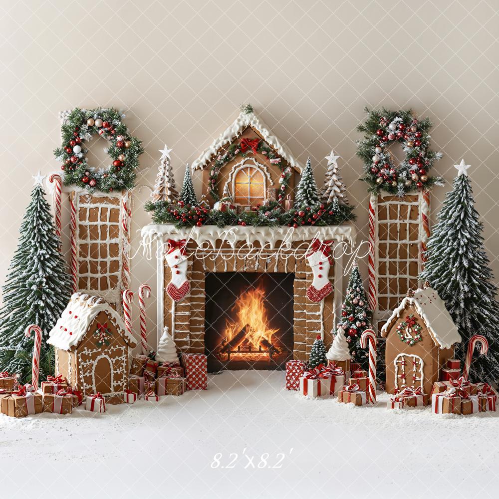 Kate Christmas Gingerbread House Fireplace Snowy Trees Wreaths Backdrop Designed by Emetselch