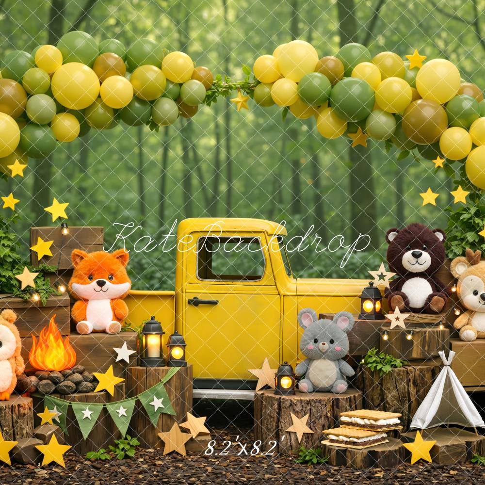 Kate Cake Smash Woodland Animals Yellow Truck Balloon Arch Printed Backdrop Designed by Mini MakeBelieve