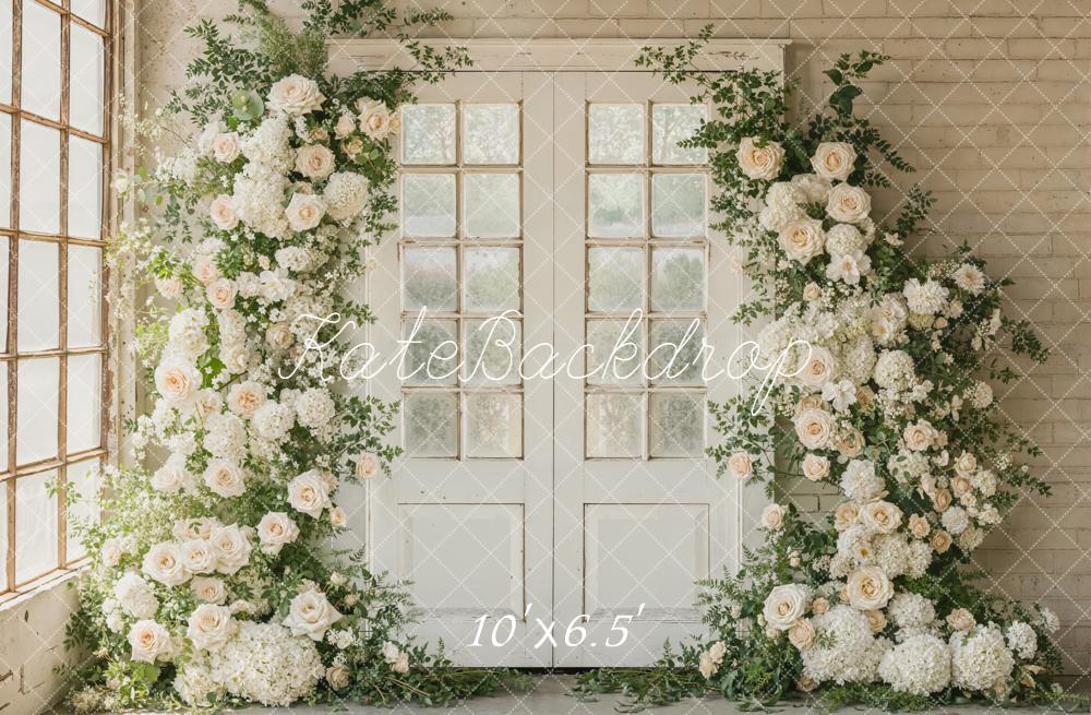 Kate Spring Flower Arch French Doors Beige Wall Printed Backdrop Designed by Emetselch