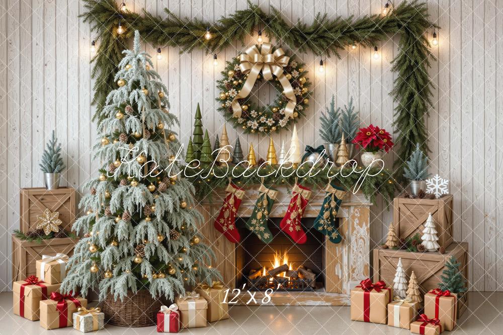 Kate Christmas Fireplace Snowy Tree Wreath Gifts Stockings Printed Backdrop Designed by Mini MakeBelieve