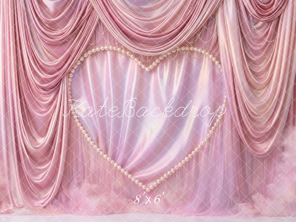 Kate Valentines Romantic Pink Drapes Pearl Heart Printed Backdrop Printed Backdrop Designed by Angela Miller