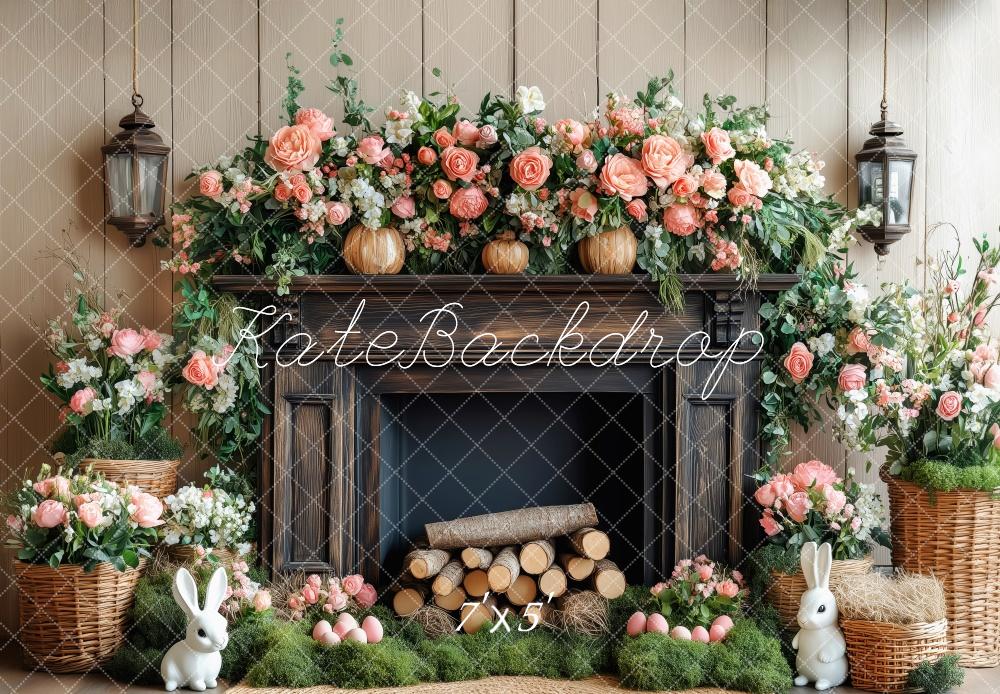 Kate Easter Bunny Floral Fireplace Wood Backdrop Designed by Patty Roberts