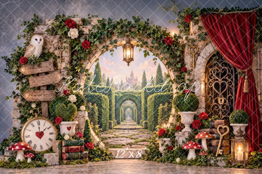 Kate Fantasy Garden Magical Labyrinth Stone Arch Red Curtain Printed Backdrop Designed by Laura Bybee