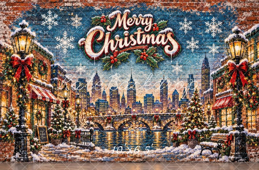 Kate Christmas Snowy Cityscape Bridge Graffiti Printed Backdrop Designed by Laura Bybee