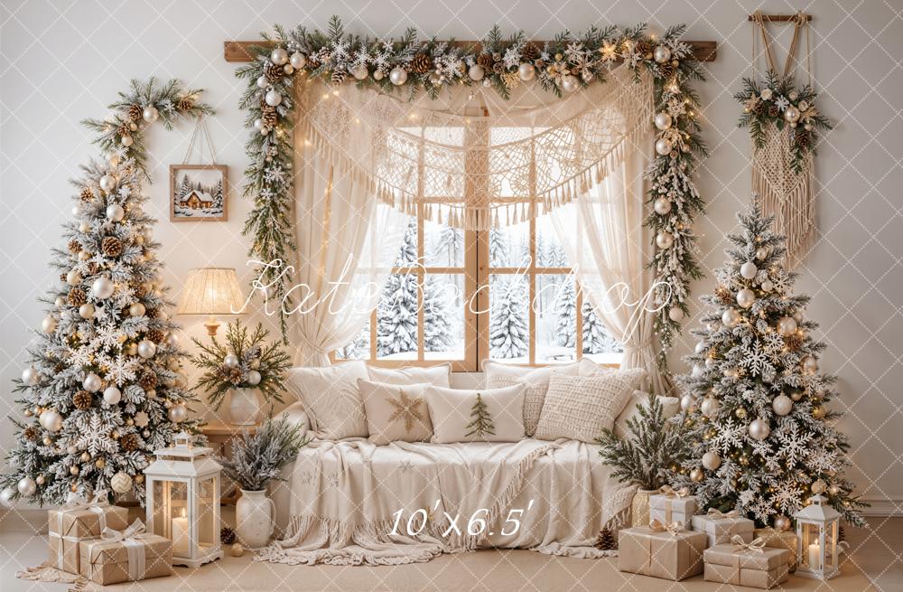 TEST Kate Christmas Boho Cozy Living Room Trees Snow Window Printed Backdrop Designed by Emetselch