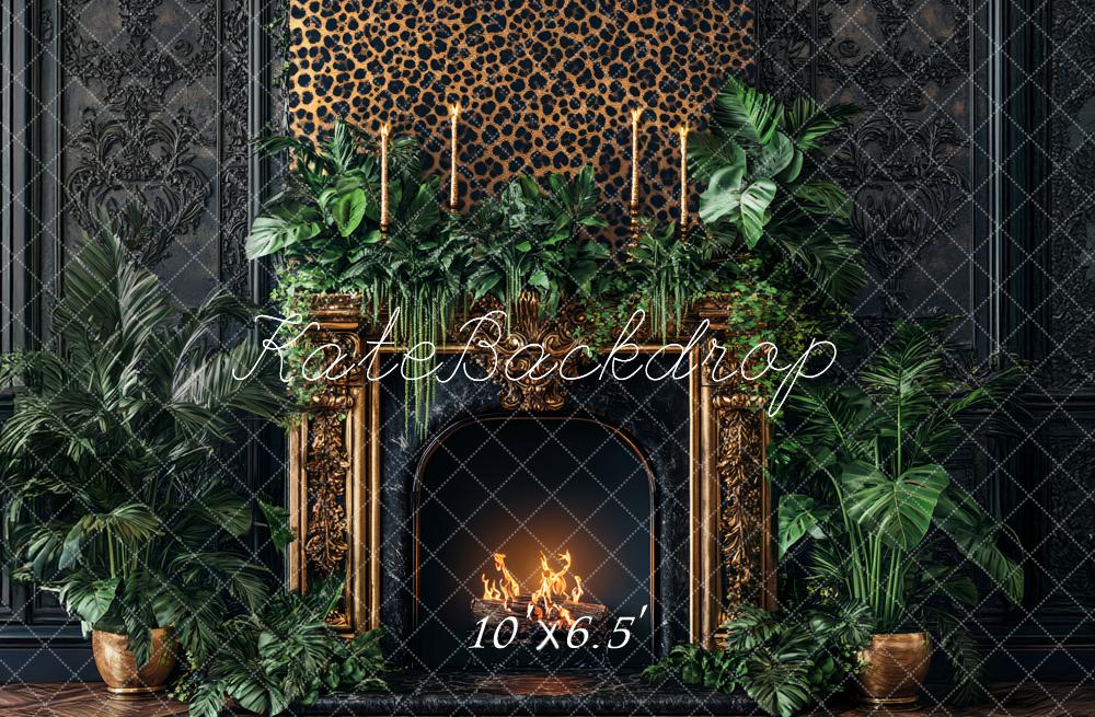 Kate Boudoir Leopard Print Ornate Fireplace Jungle Greenery Printed Backdrop Designed by Ashley Paul