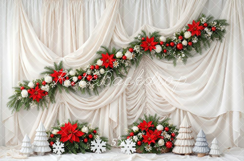 Kate Christmas Red Poinsettia Garland Cream Drapes Printed Backdrop Designed by Mini MakeBelieve