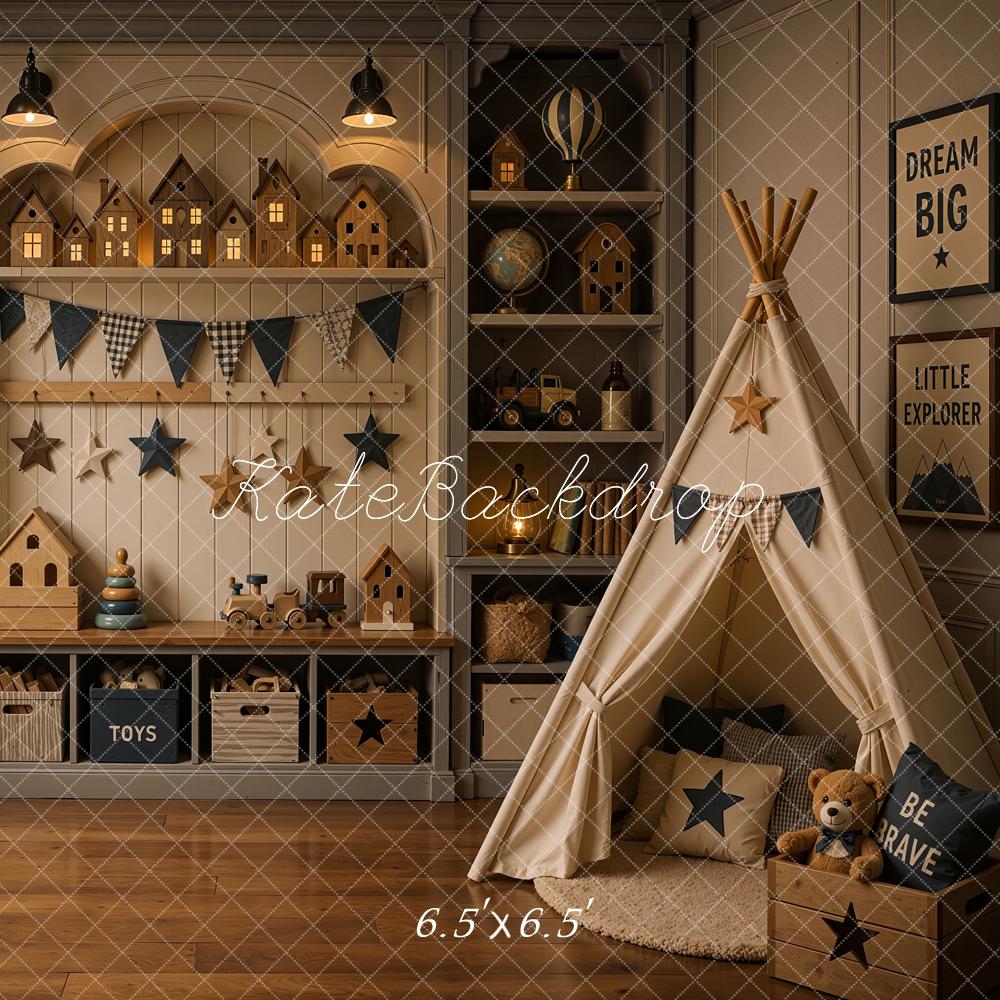 Kate Dreamy Brown Nursery Teepee Toy Room Printed Backdrop Designed by Shutter Swan Studios