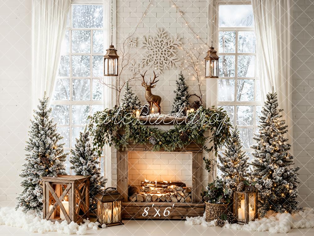 Kate Christmas Fireplace Snowy Trees Lanterns Reindeer Window Backdrop Designed by Emetselch
