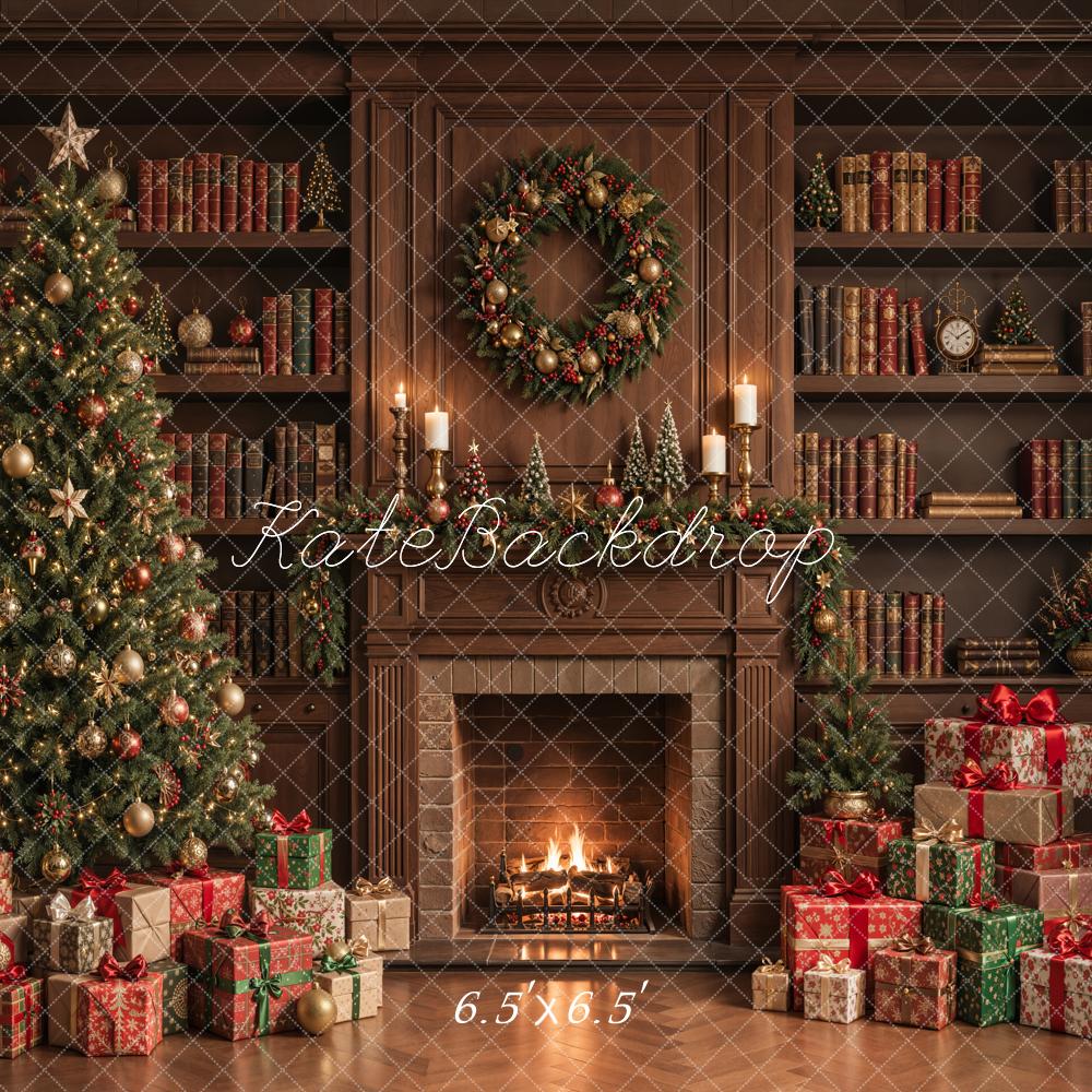 Kate Christmas Tree Fireplace Bookshelves Wreath Presents Printed Backdrop Designed by Emetselch