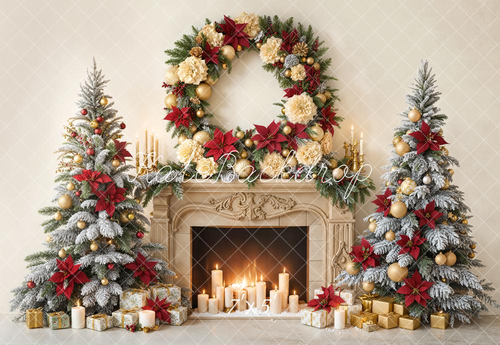 Kate Christmas Fireplace Frosted Trees Wreath Gifts Candles Backdrop Designed by Emetselch