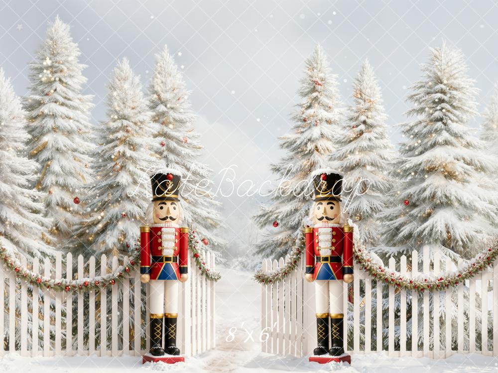 Kate Christmas Nutcracker Snowy Pine Trees White Fence Backdrop Designed by Emetselch
