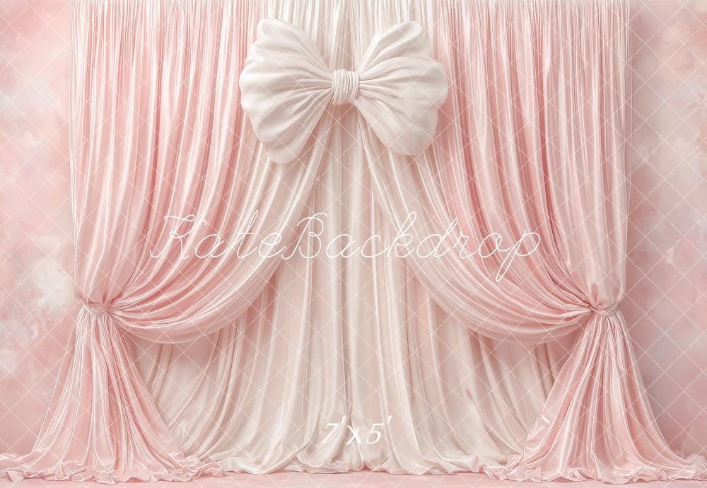 Kate Elegant Pink Draped Curtains Large Bow Printed Backdrop Designed by Angela Miller