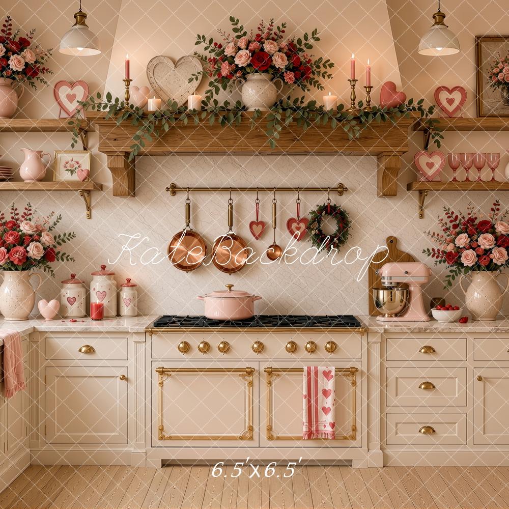Kate Valentine's Day L-shaped Kitchen Floral Heart White Cabinets Printed Backdrop Designed by Ashley Ward