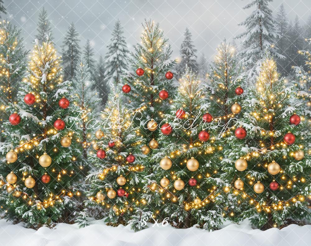 Kate Christmas Trees Snowy Forest Ornaments Lights Backdrop Designed by Emetselch