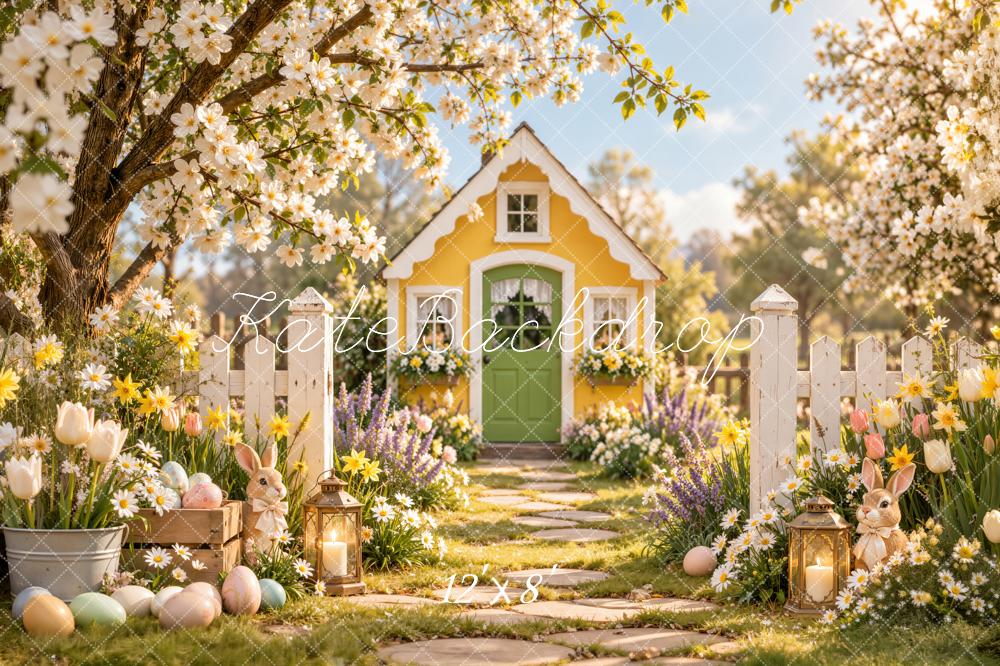 Kate Easter Yellow Cottage Garden Cherry Blossoms Bunny Printed Backdrop Designed by Emetselch