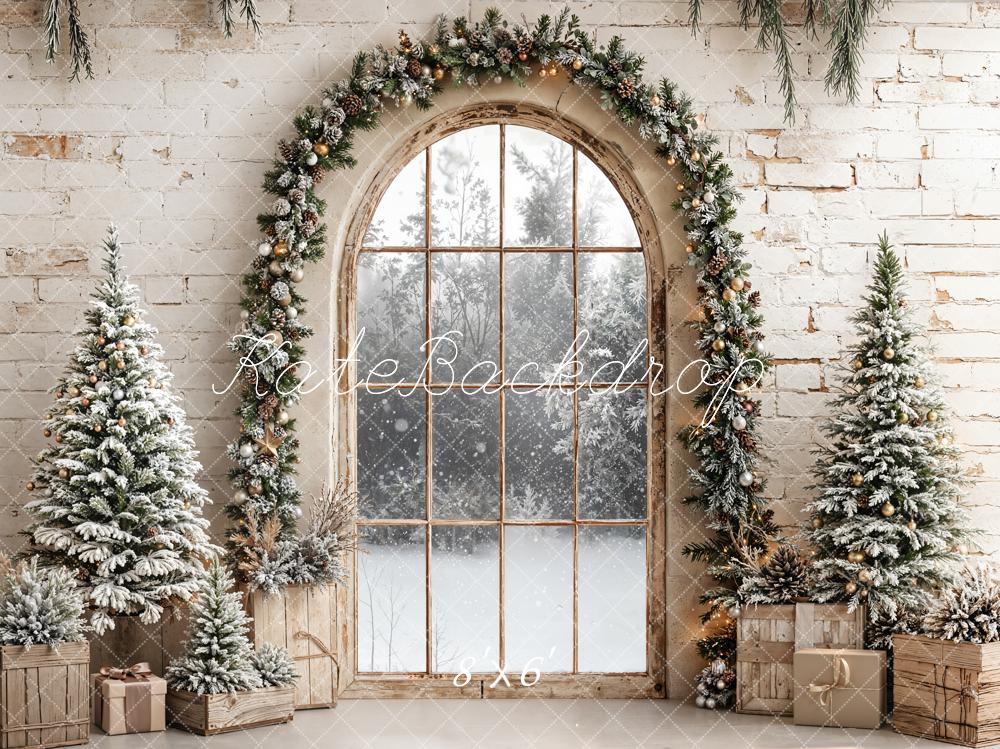 Kate Christmas Arched Window Garland Snowy Pine Trees Backdrop Designed by Emetselch