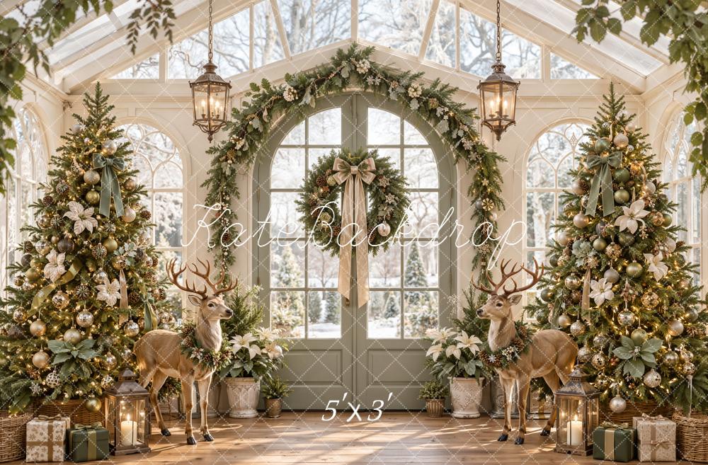 Kate Christmas Greenhouse Arch Garland Deer Christmas Trees Printed Backdrop Designed by Emetselch