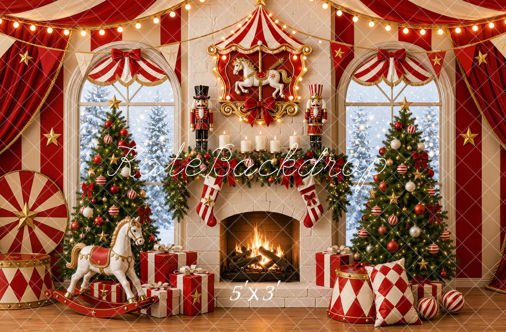 Kate Christmas Trees Circus Fireplace Window Rocking Horse Printed Backdrop Designed by Emetselch