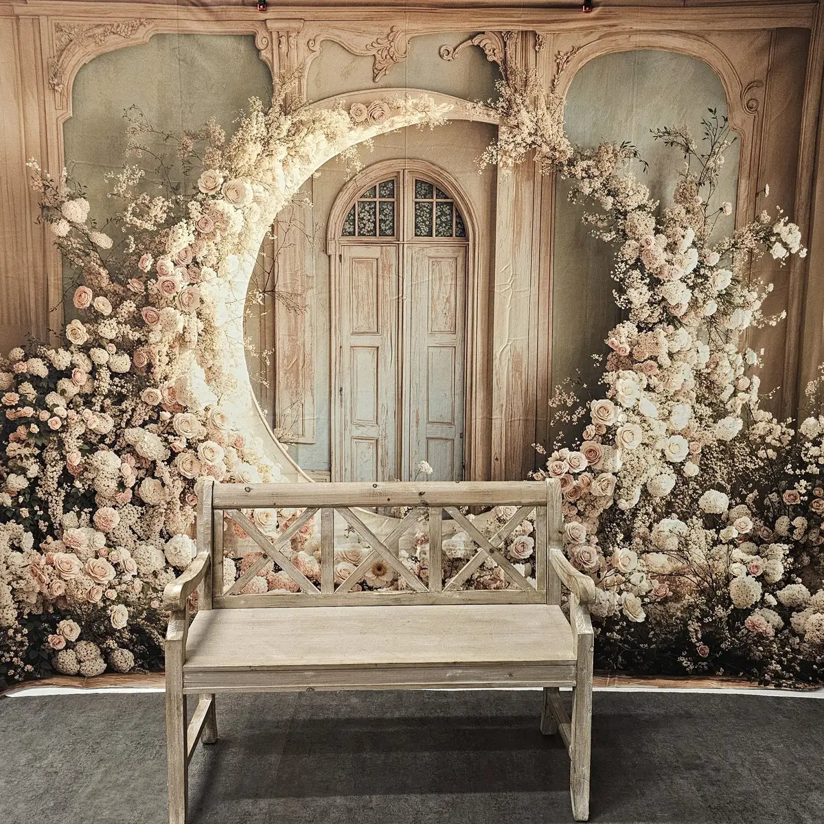 Kate Mother's Day Floral Moon Arch White Roses Wedding Printed Backdrop Designed by Emetselch