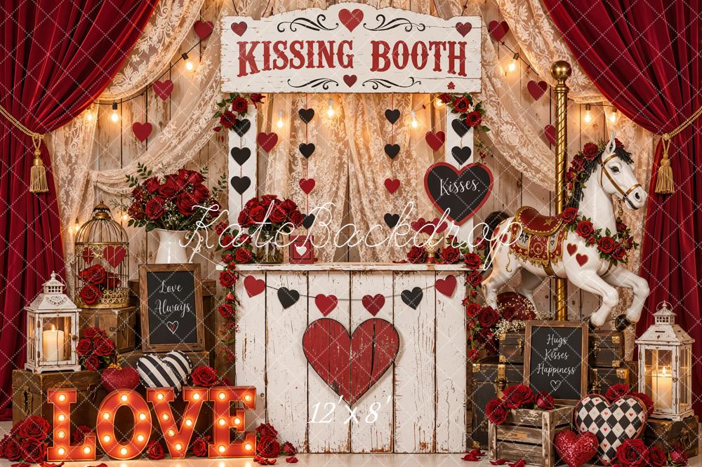Kate Valentine's Day Kissing Booth Carousel Horse Curtains Hearts Printed Backdrop Designed by Emetselch