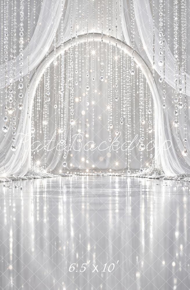 Kate Glamorous Crystal Bead Arch Silver Sheer Drapes Printed Backdrop Designed by Chain Photography
