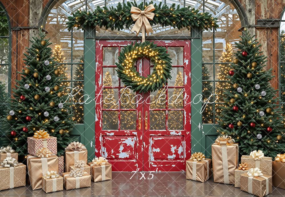 Kate Christmas Red Door Greenhouse Trees Wreath Gold Gift Boxes Backdrop Designed by Mini MakeBelieve