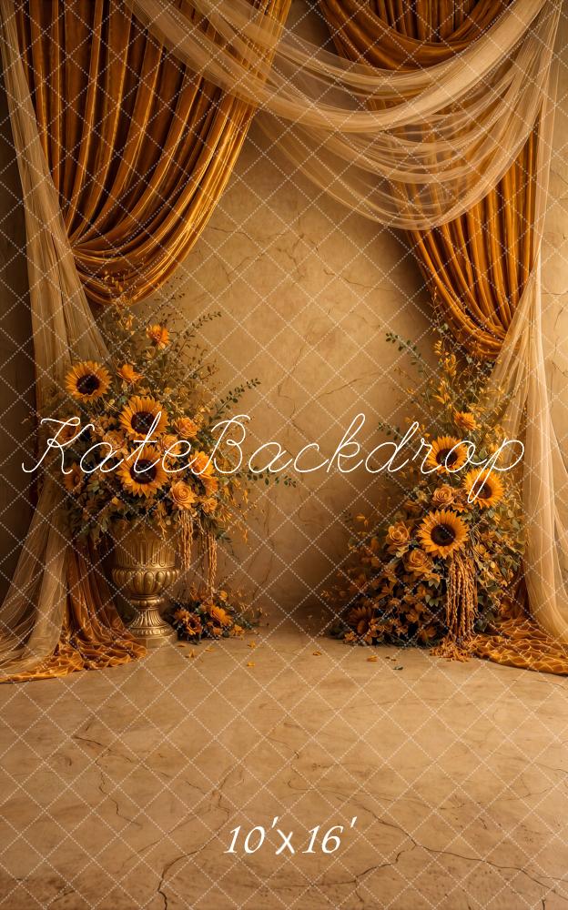 Kate Sweep Fall Elegant Brown Gold Drapes Sunflowers Printed Backdrop Designed by Ashley Ward