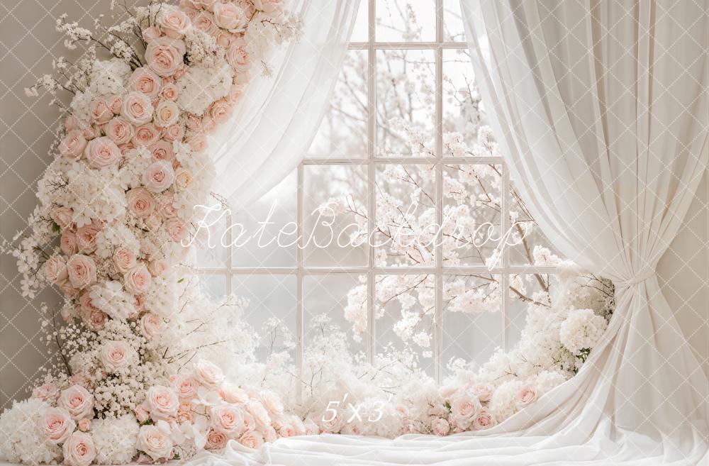 Kate Spring Flower Arch Pink White Blossoms Window Drapes Printed Backdrop Designed by Emetselch