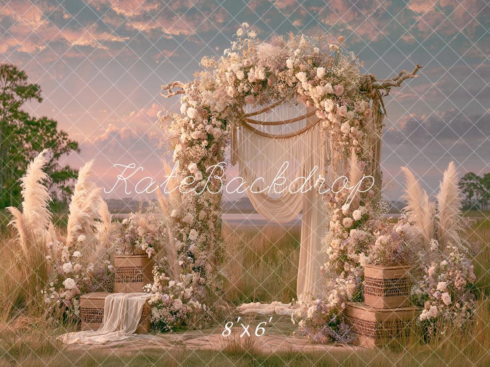 Kate Boho Sunset Flower Arch Pampas Grass Wicker Baskets Sunset Printed Backdrop Designed by Angela Miller